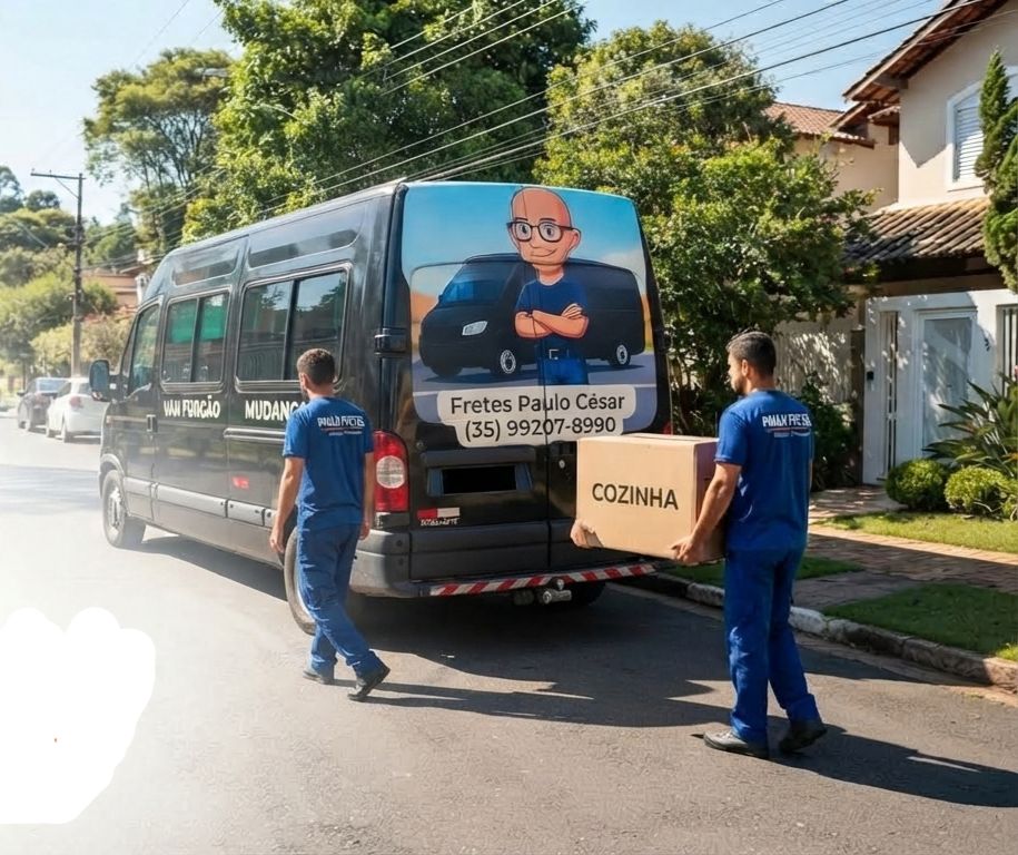 Veículo e equipe preparados para serviços de mudança e frete